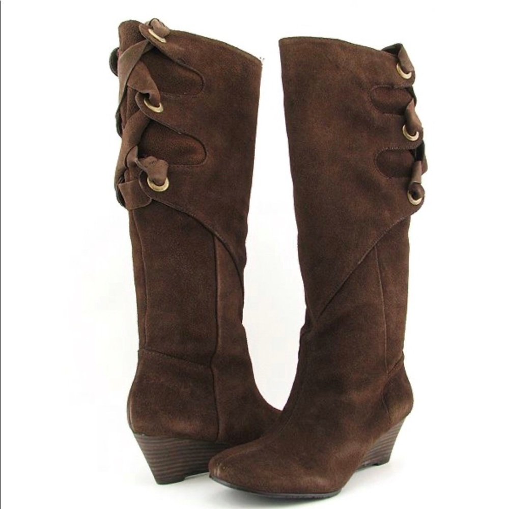 NINE WEST TRUELLA SUEDE LEATHER Lace Up Grommet Wedge Brown Leather Tie …